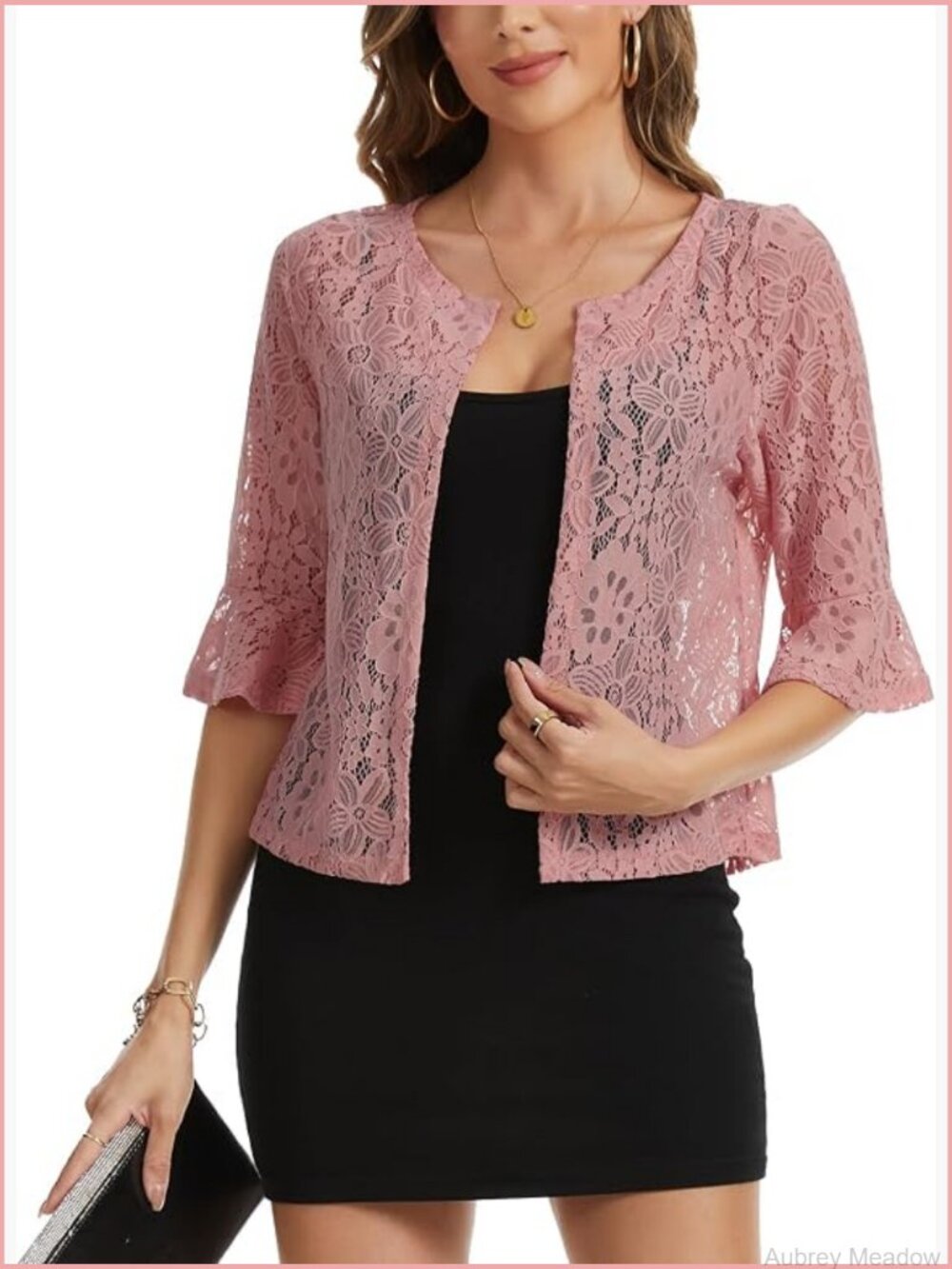 Elegant Floral Lace Bolero Shrug Ruffle 3/4 Sleeve Open Front Cropped Cardigan